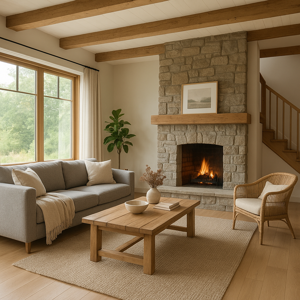 Современный дизайн интерьера уютной дачи с камином и деревянной мебелью
